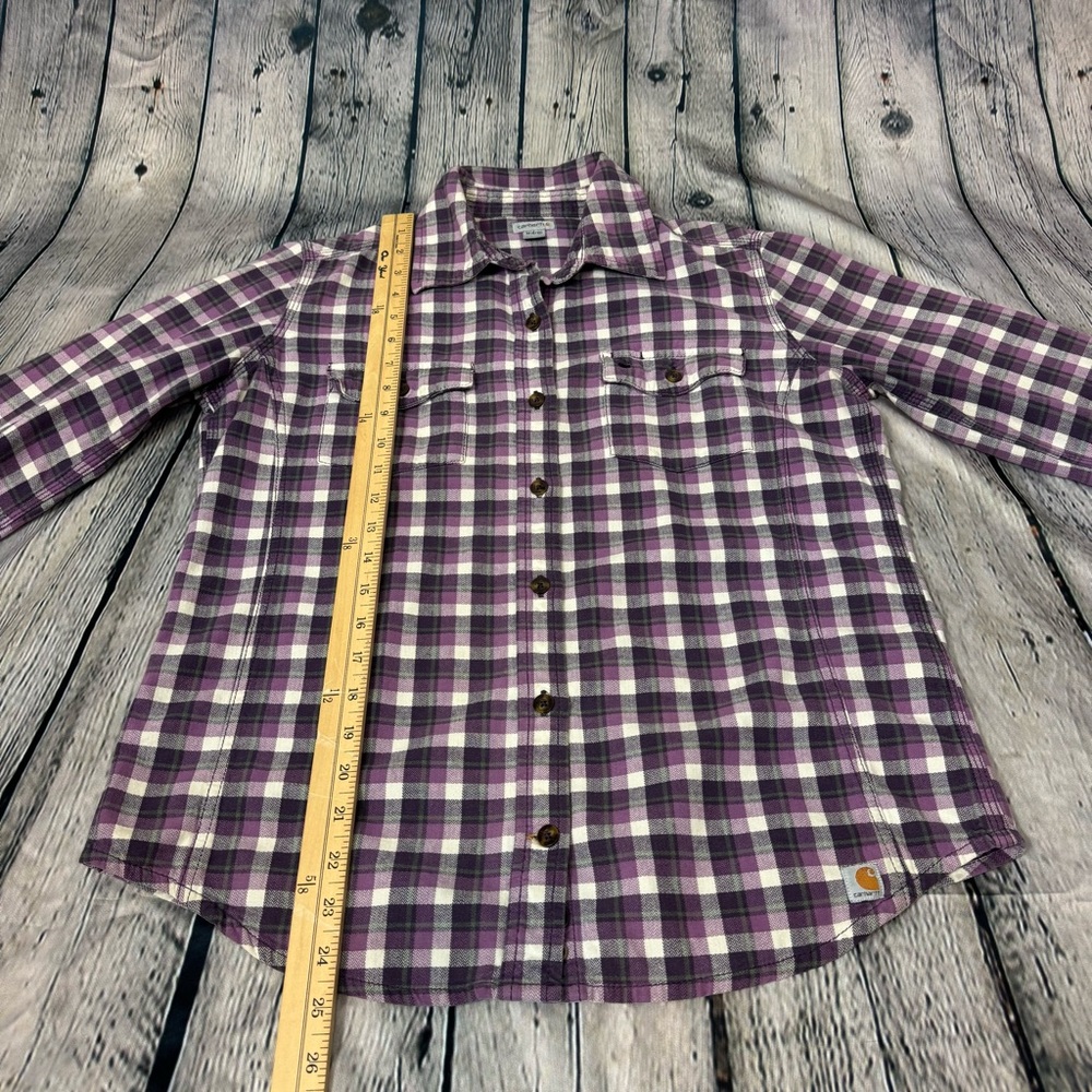 Women’s Carhartt Flannel Purple Grey Button Down Size Medium Workwear Outdoorsy - Picture 4 of 11